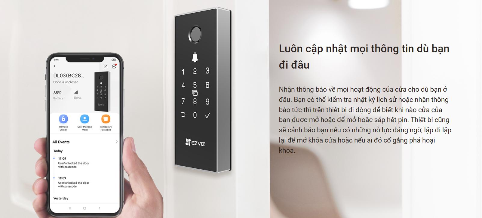 Khoá cửa điện tử Ezviz DL03 Pro dùng vân tay và điều khiển từ xa