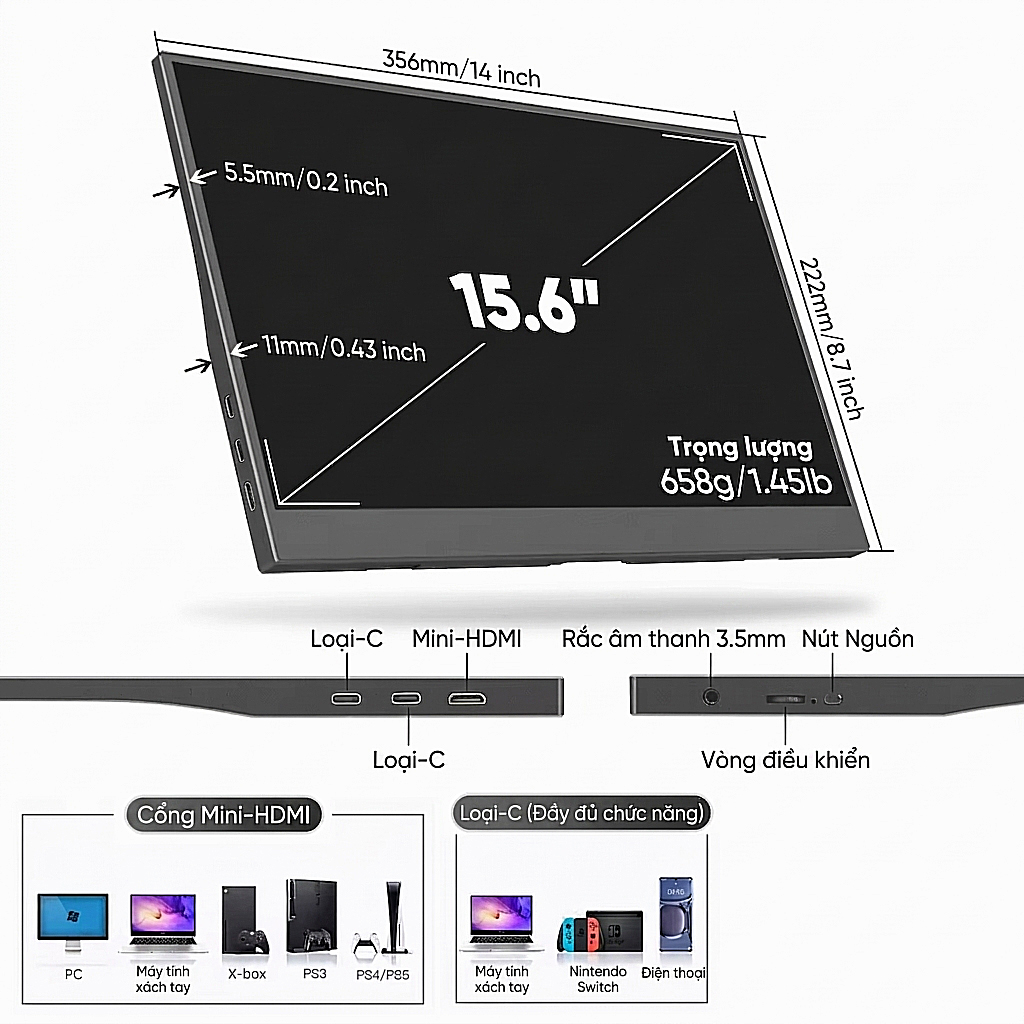 Màn Hình di động 15.6 Inch Full HD, USB-C, Mini HDMI, IPS, HDR10