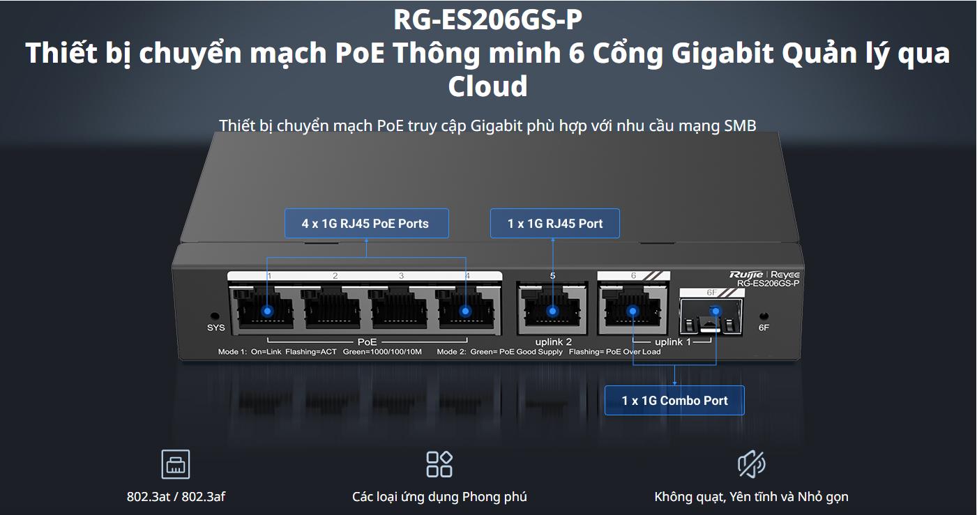 Switch POE Ruijie RG-ES206GS-P tốc độ Gigabit quản lí qua cloud